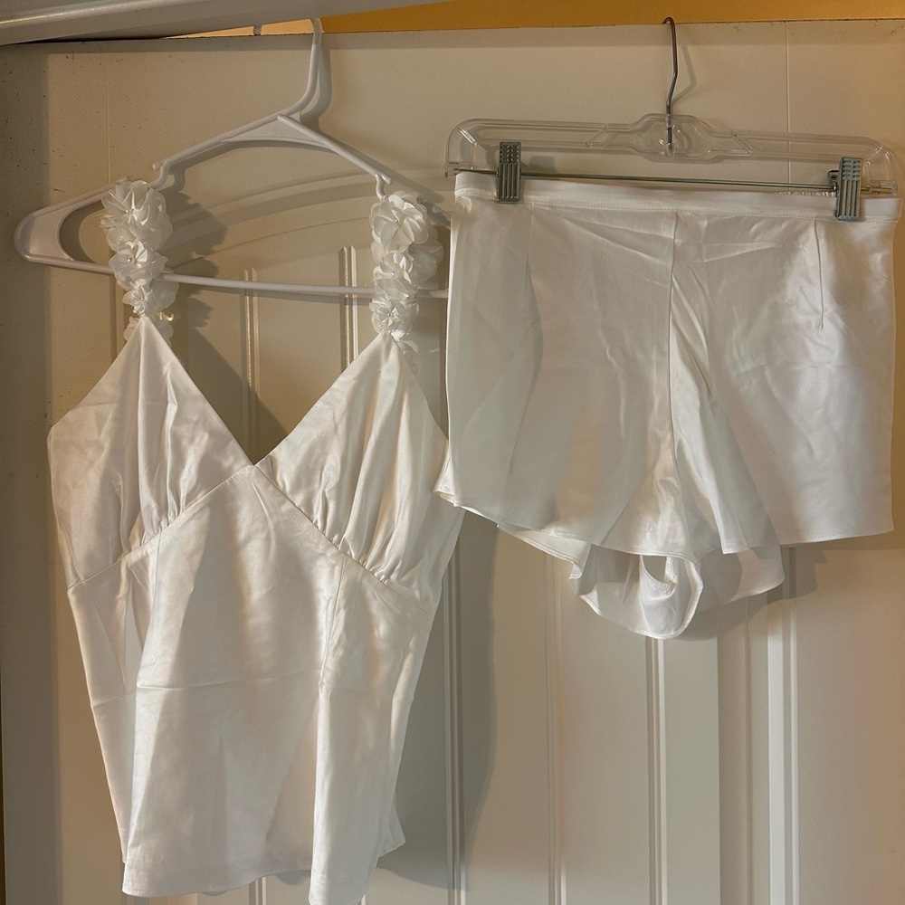 LeRose Satin Bridal Pajama Cami Set with Elegant Floral Straps